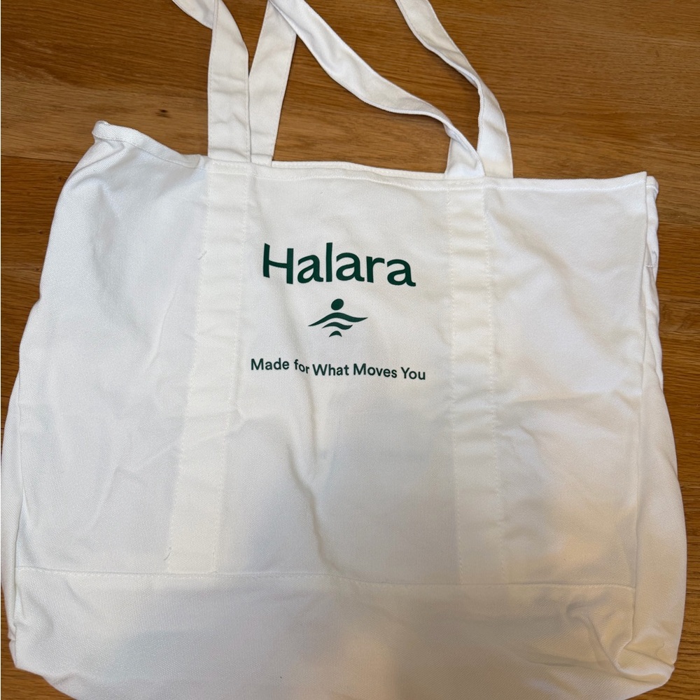 HALARA White Canvas Tote with Green Logo and Slogan